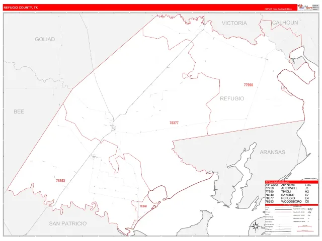 Refugio County, TX ZIP Code Wall Map, RedLine style