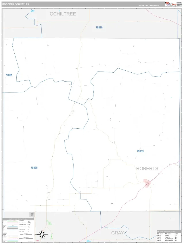 Roberts County, TX ZIP Code Wall Map, Classic style