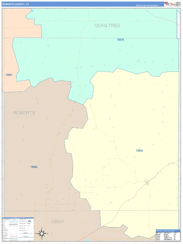 Roberts County, TX ZIP Code Wall Map, ColorCast style