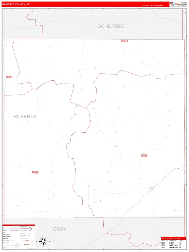 Roberts County, TX ZIP Code Wall Map, RedLine style