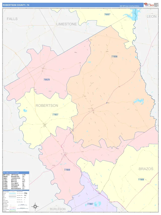 Robertson County, TX ZIP Code Wall Map, ColorCast style