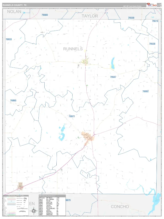 Runnels County, TX ZIP Code Wall Map, Classic style