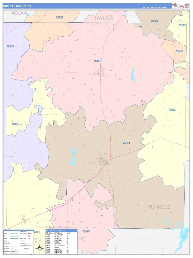 Runnels County, TX ZIP Code Wall Map, ColorCast style