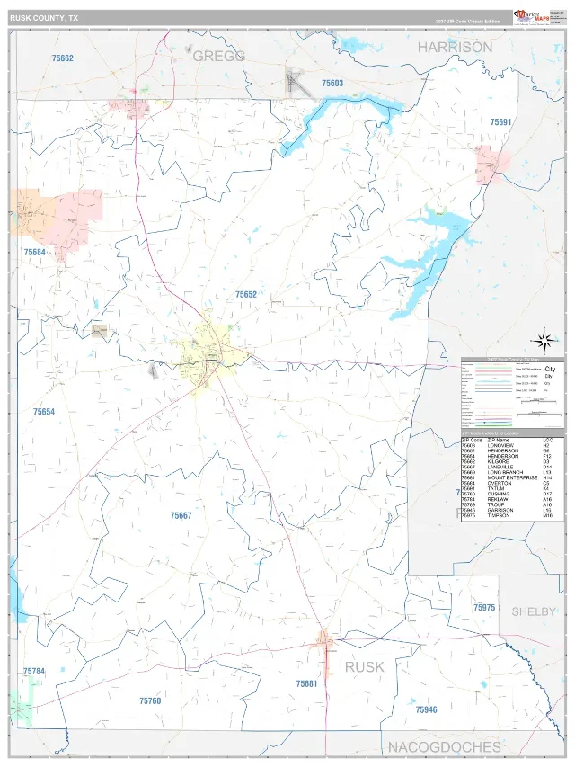 Rusk County, TX ZIP Code Wall Map, Classic style