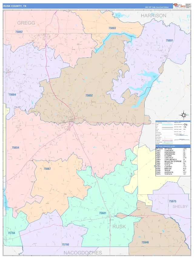 Rusk County, TX ZIP Code Wall Map, ColorCast style