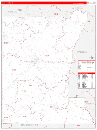 Rusk County, TX RedLine style ZIP Code wall map