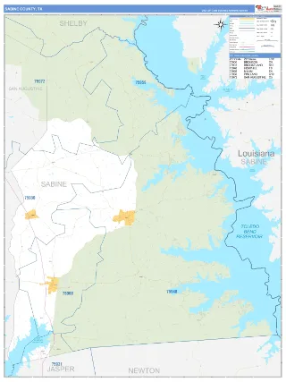 Sabine County, TX Business Reference style ZIP Code wall map