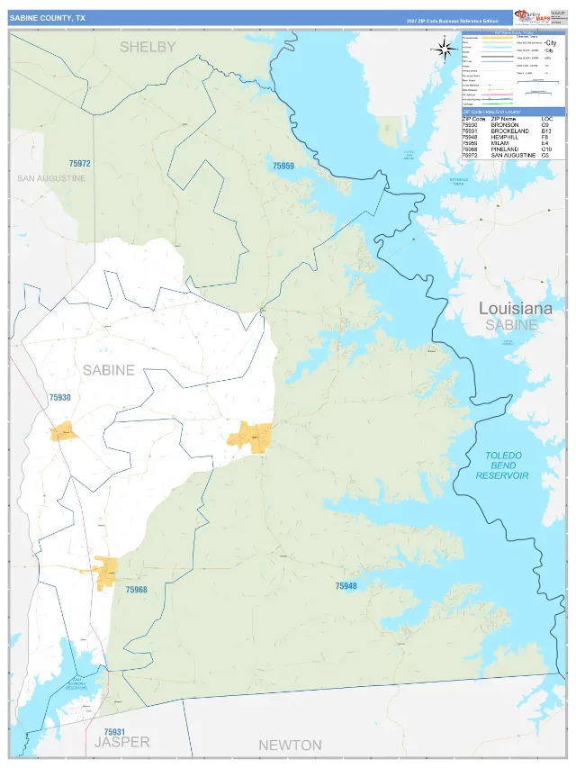 Sabine County, TX ZIP Code Wall Map, Business Reference style