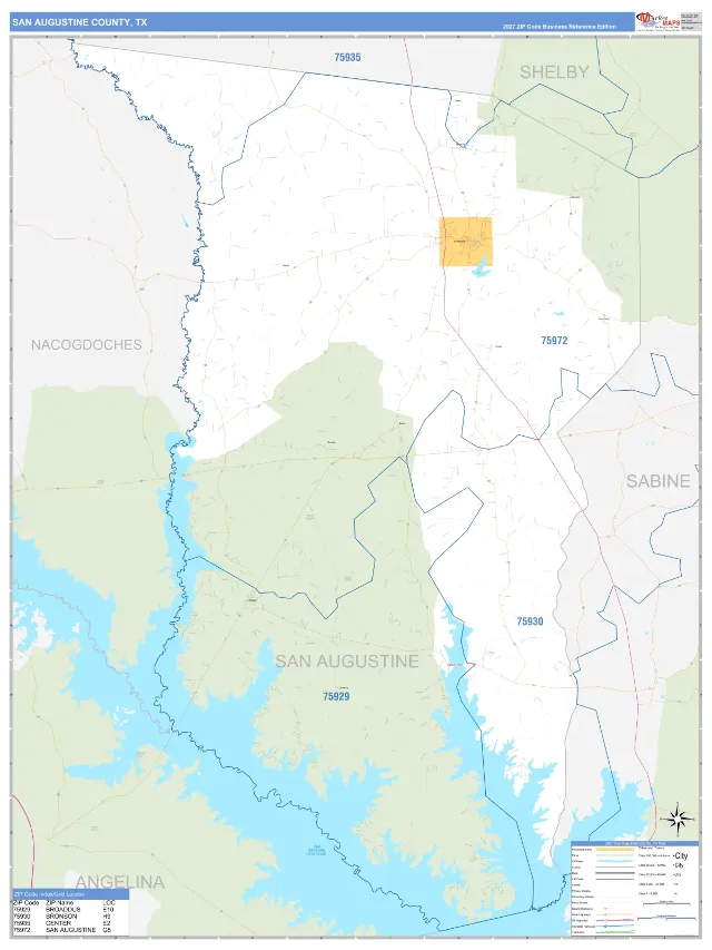 San Augustine County, TX ZIP Code Wall Map, Business Reference style