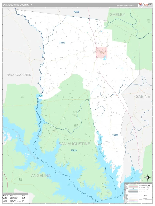 San Augustine County, TX ZIP Code Wall Map, Classic style