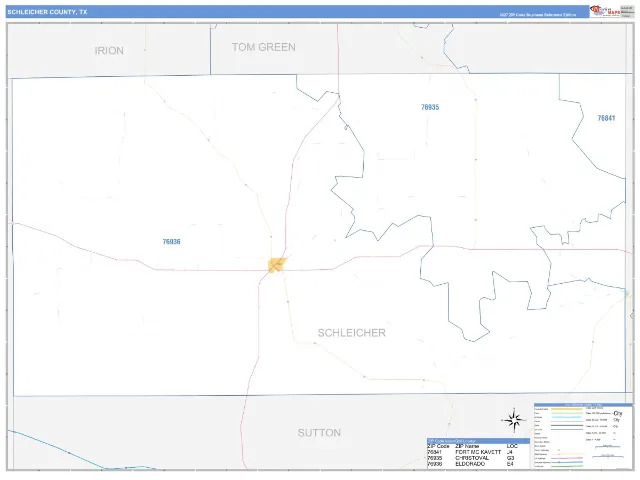 Schleicher County, TX ZIP Code Wall Map, Business Reference style