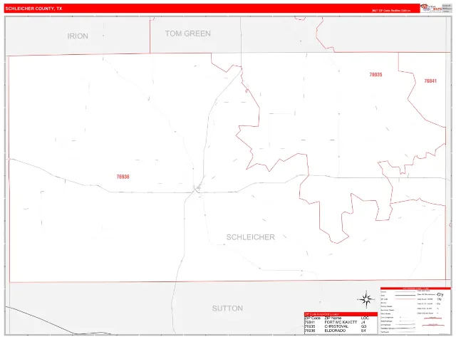 Schleicher County, TX ZIP Code Wall Map, RedLine style