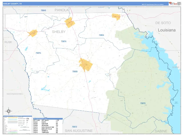 Shelby County, TX ZIP Code Wall Map, Business Reference style