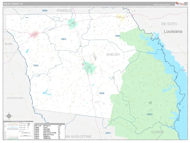 Shelby County, TX ZIP Code Wall Map, Classic style