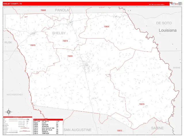 Shelby County, TX ZIP Code Wall Map, RedLine style