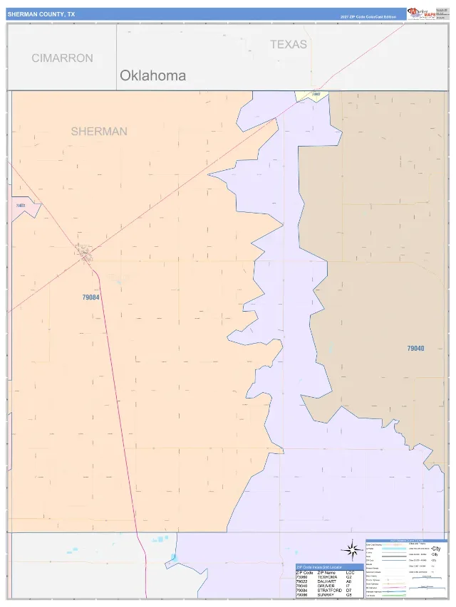 Sherman County, TX ZIP Code Wall Map, ColorCast style
