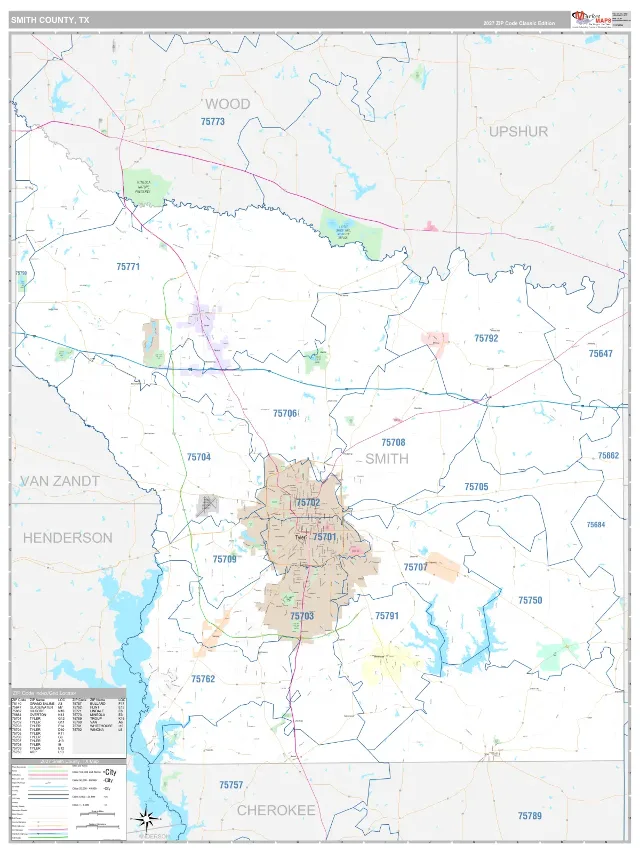 Smith County, TX ZIP Code Wall Map, Classic style