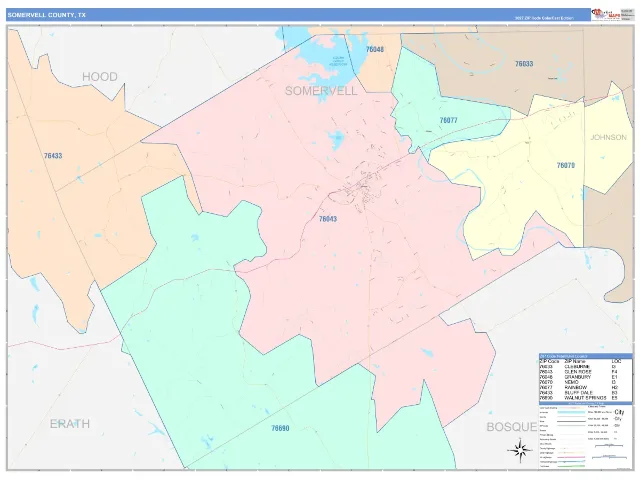 Somervell County, TX ZIP Code Wall Map, ColorCast style