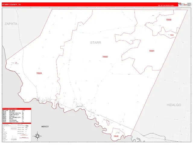 Starr County, TX ZIP Code Wall Map, RedLine style