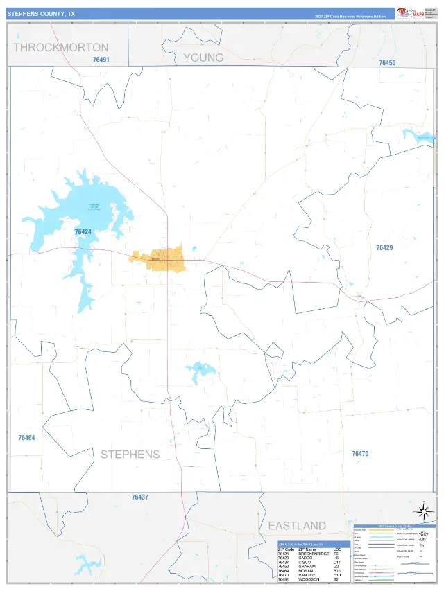 Stephens County, TX ZIP Code Wall Map, Business Reference style