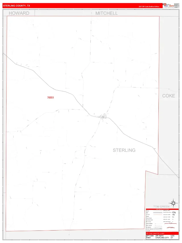 Sterling County, TX ZIP Code Wall Map, RedLine style
