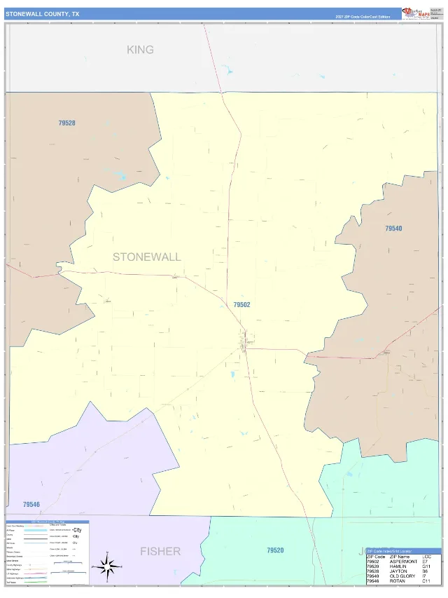 Stonewall County, TX ZIP Code Wall Map, ColorCast style
