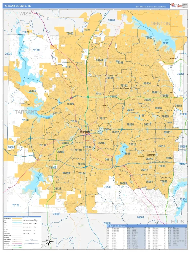 Tarrant County, TX ZIP Code Wall Map, Business Reference style