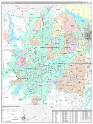 Tarrant County, TX Classic style ZIP Code wall map