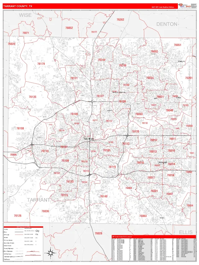 Tarrant County, TX ZIP Code Wall Map, RedLine style
