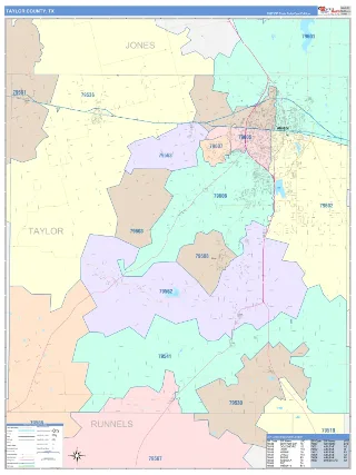 Taylor County, TX ColorCast style ZIP Code wall map