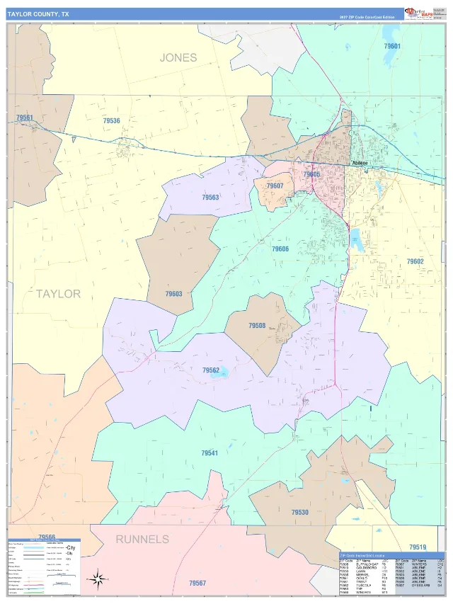 Taylor County, TX ZIP Code Wall Map, ColorCast style