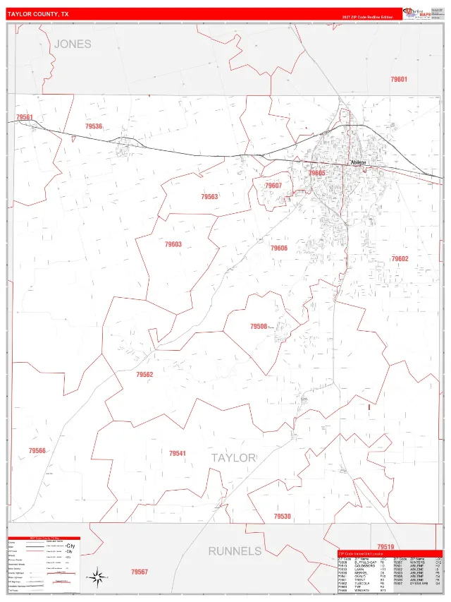Taylor County, TX ZIP Code Wall Map, RedLine style