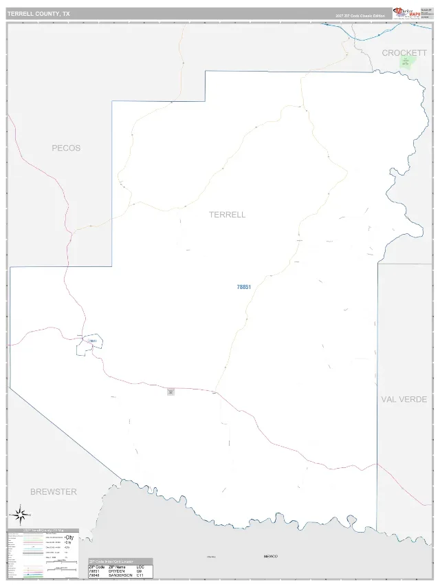 Terrell County, TX ZIP Code Wall Map, Classic style