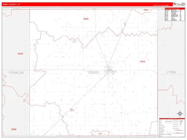 Terry County, TX ZIP Code Wall Map, RedLine style