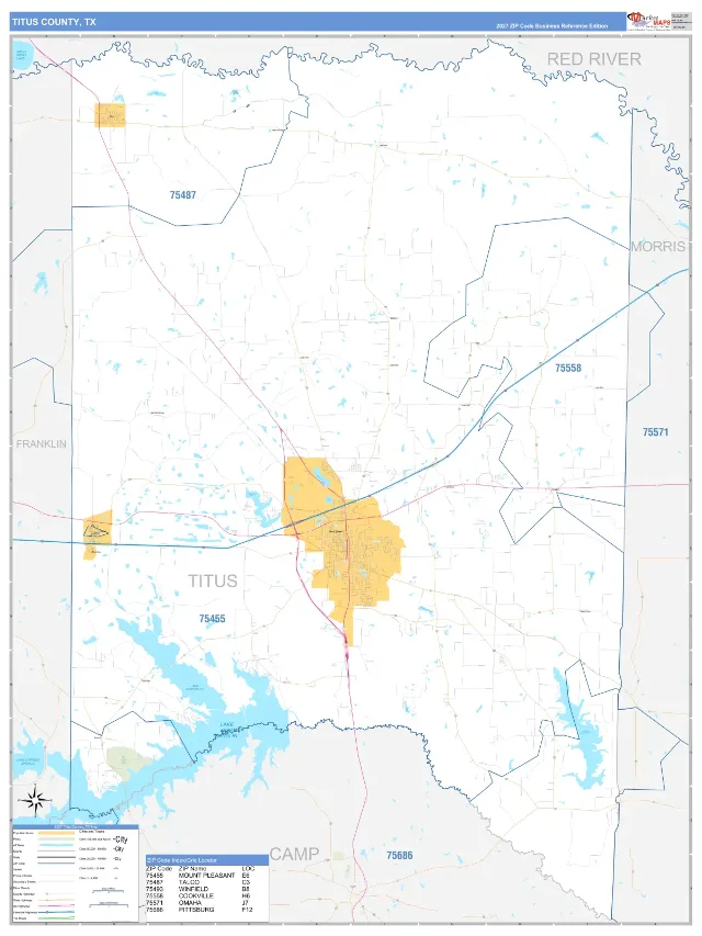 Titus County, TX ZIP Code Wall Map, Business Reference style