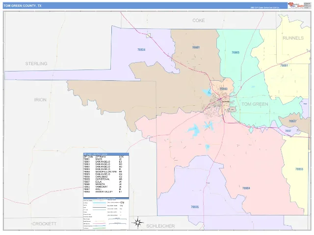 Tom Green County, TX ZIP Code Wall Map, ColorCast style
