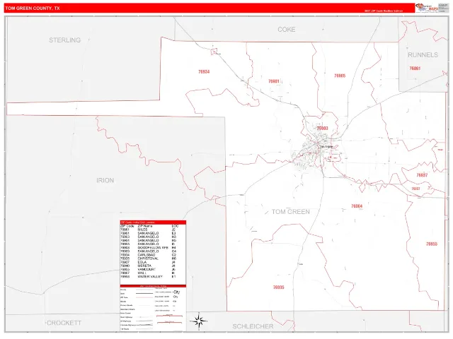 Tom Green County, TX ZIP Code Wall Map, RedLine style