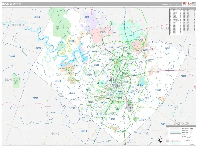 Travis County, TX ZIP Code Wall Map, Classic style