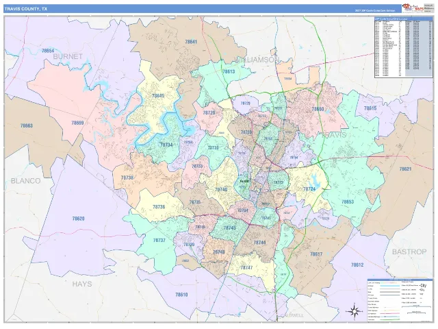 Travis County, TX ZIP Code Wall Map, ColorCast style