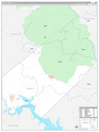 Trinity County, TX Classic style ZIP Code wall map