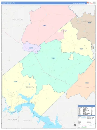 Trinity County, TX ColorCast style ZIP Code wall map