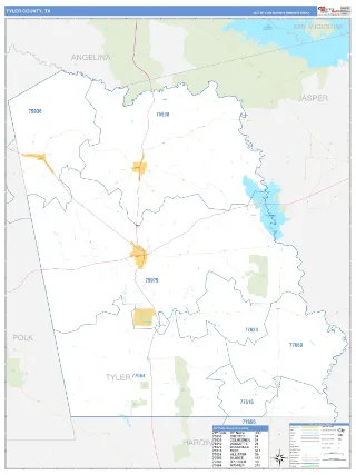 Tyler County, TX Business Reference style ZIP Code wall map