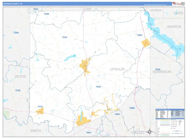 Upshur County, TX ZIP Code Wall Map, Business Reference style