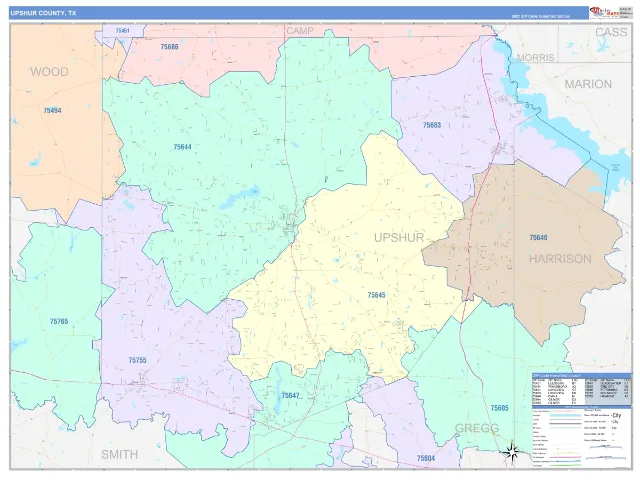 Upshur County, TX ZIP Code Wall Map, ColorCast style