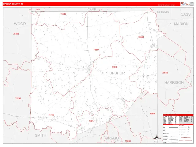 Upshur County, TX ZIP Code Wall Map, RedLine style