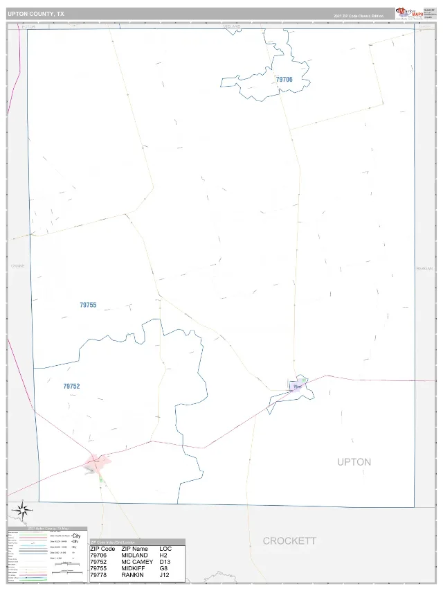 Upton County, TX ZIP Code Wall Map, Classic style