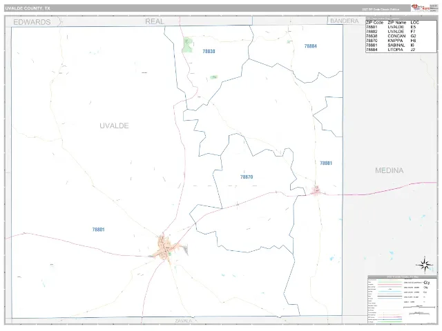 Uvalde County, TX ZIP Code Wall Map, Classic style