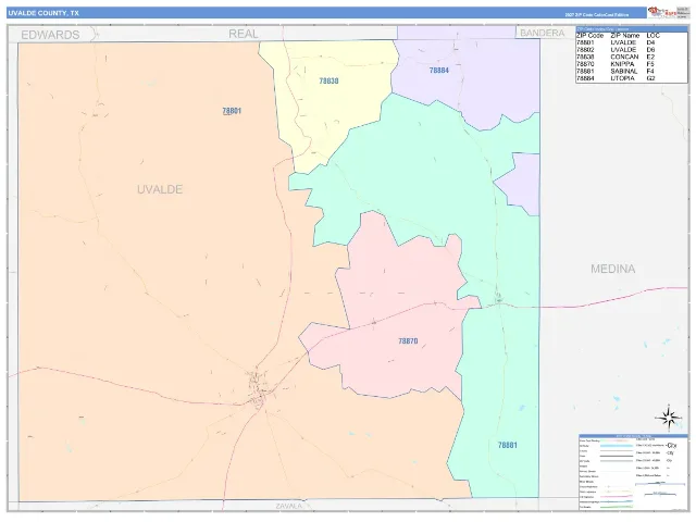 Uvalde County, TX ZIP Code Wall Map, ColorCast style