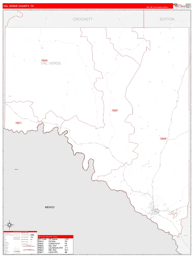 Val Verde County, TX ZIP Code Wall Map, RedLine style