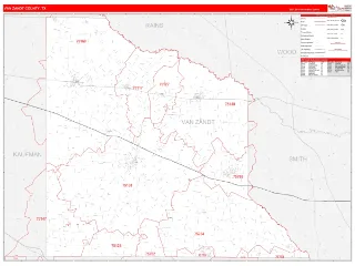 Van Zandt County, TX RedLine style ZIP Code wall map